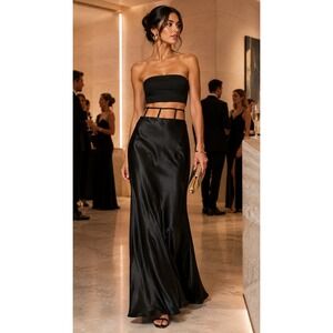 Rachel Gilbert Ryder Black Satin Cutout Tie Waist Maxi Evening Skirt Size 6